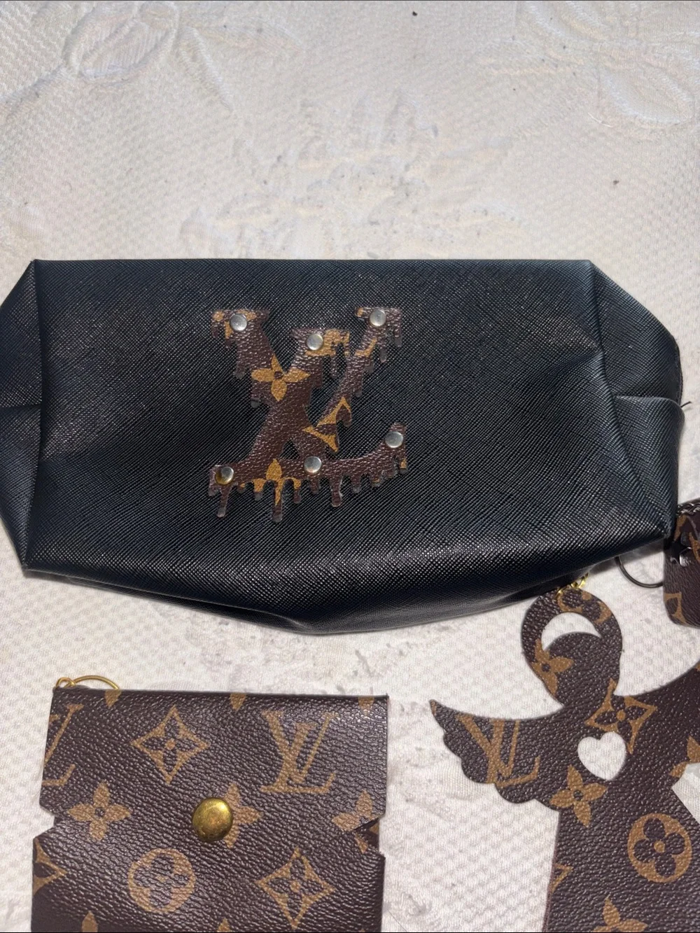 Upcycled Brown Monogram Keychain & Card Holder Set - Brown